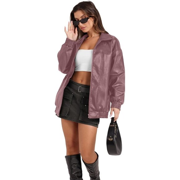 Women Faux Leather Jacket Oversized Pink Bomber Coat Fall Winter Outfits - Picture 2 of 3